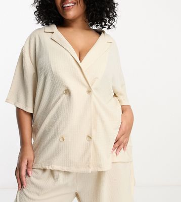 Loungeable Curve boxy pajama shirt and running short set in beige-Neutral
