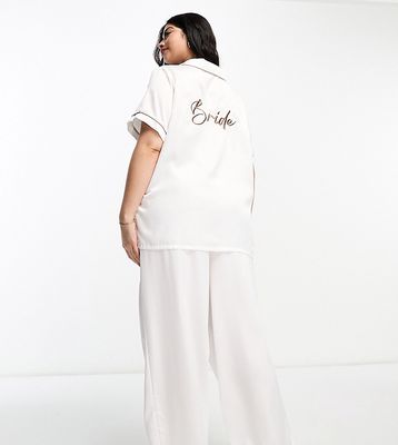 Loungeable Curve bridal satin short sleeve camp collar shirt and pants in ivory-White