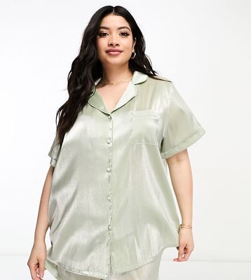 Loungeable Curve bridesmaid taffeta short sleeve revere shirt and short set in sage green