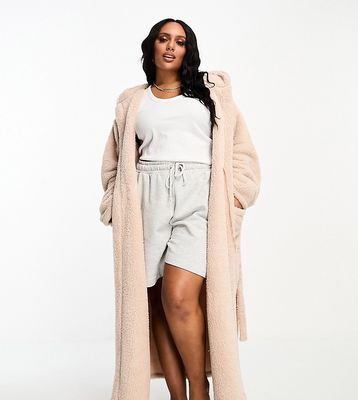 Loungeable Curve cozy sherpa hooded maxi robe in mink-Neutral
