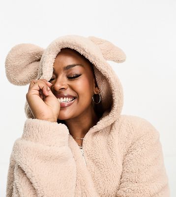 Loungeable Curve cozy sherpa hooded romper with ears in mink-Neutral
