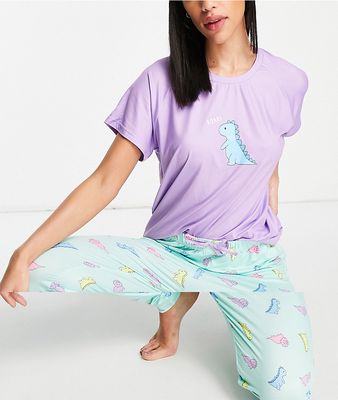 Loungeable dino legging pajama set in purple and mint-Green