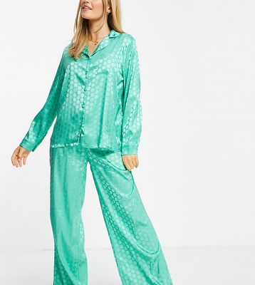 Loungeable Exclusive satin jacquard spot pajama set in teal-Green