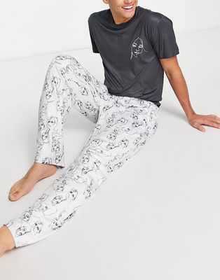 Loungeable face print long pajama set in black and white