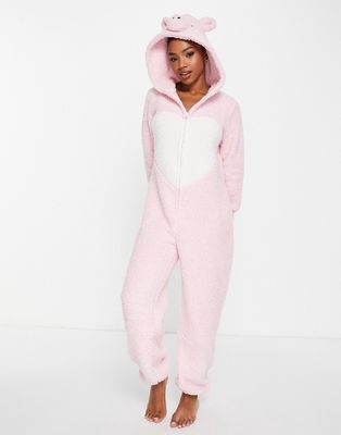 Loungeable fleece pig all in one in pink