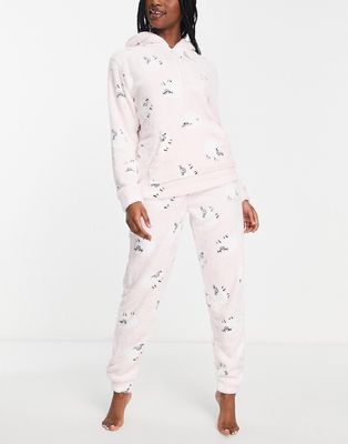 Loungeable fleece sheep print pajamas with half zip in pink