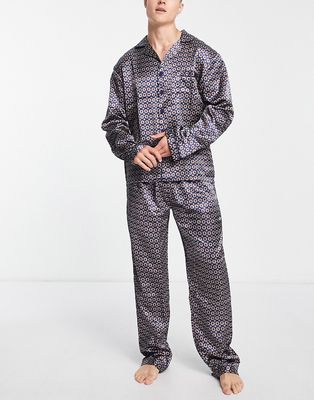 Loungeable geo print satin pajamas in navy
