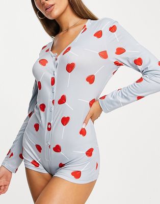 Loungeable heart lolly pajama romper in pale blue