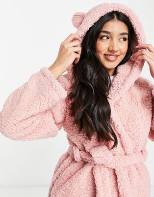 Loungeable hooded robe with ears in dusty pink