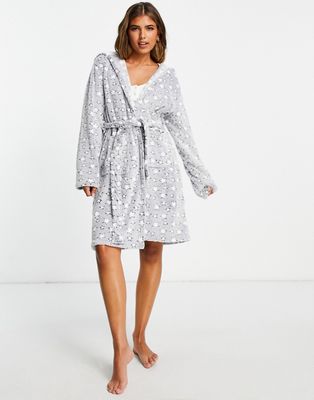Loungeable hooded robe with sherpa lining in gray multi star