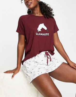 Loungeable 'Llamaste' short pajama set in burgundy and cream-Red