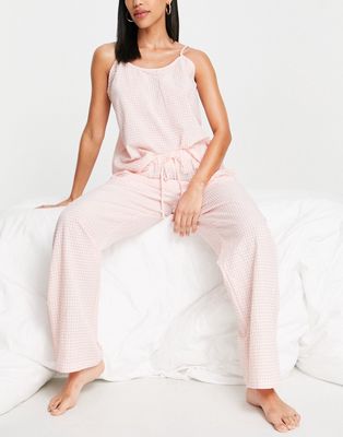 Loungeable long pajama set in pink gingham plaid