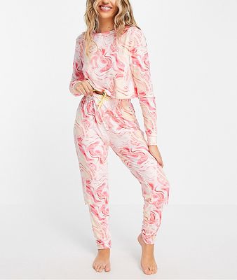Loungeable marble crop top and legging pajama set in pink and orange