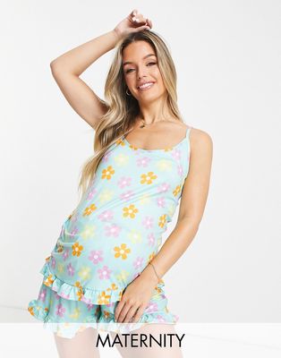 Loungeable Maternity frill cami and short pajama set in retro floral print-Green