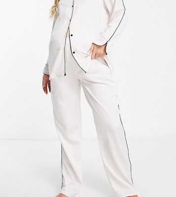 Loungeable Maternity mix and match satin pajama pants in cream with black binding-White