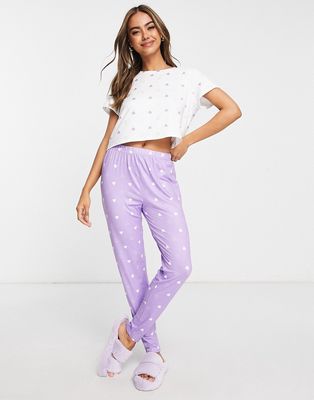 Loungeable mini heart leggings pajama set in lilac and white-Purple