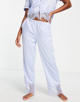 Loungeable mix and match satin and lace pajama pants in pale blue