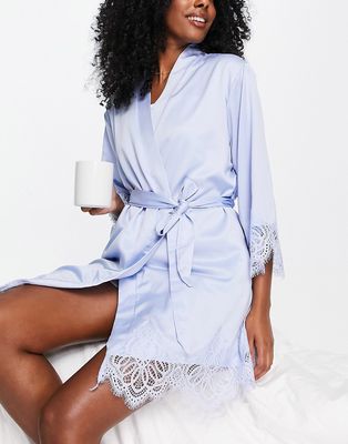 Loungeable mix and match satin and lace robe in pale blue