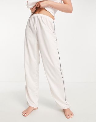 Loungeable mix and match satin pajama pants in cream with black binding-White