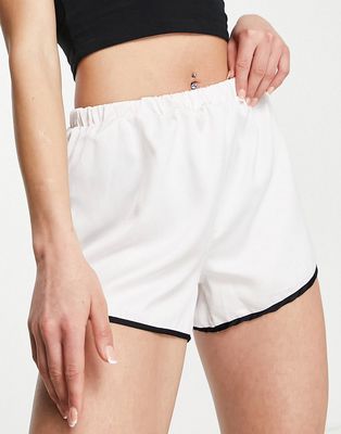 Loungeable mix and match satin pajama shorts in cream with black binding-White