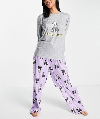 Loungeable party panda pajama set in gray and purple