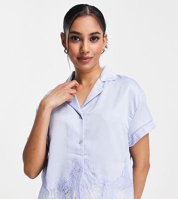 Loungeable Petite mix and match satin and lace pajama top in pale blue