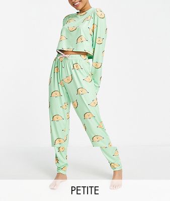 Loungeable Petite taco crop top and legging pajama set in green