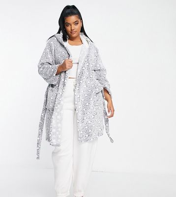 Loungeable Plus hooded robe with sherpa lining in gray multi star