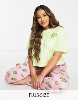 Loungeable Plus lime cropped pajama set in green and pink