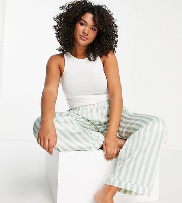 Loungeable Plus satin pajama pants in sage green and cream stripe - part of a set