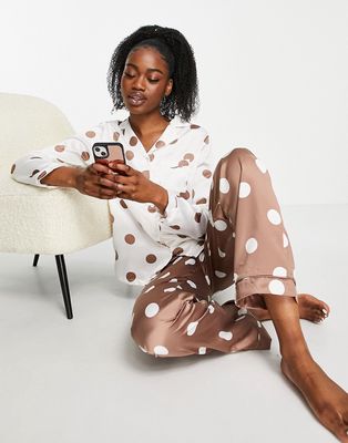 Loungeable polka dot printed revere top and pants pajama set in taupe and cream-Brown