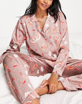 Loungeable satin long pajama set in koi carp print-Orange