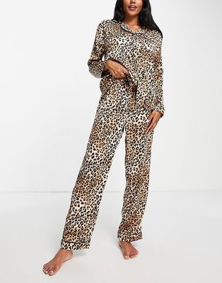 Loungeable satin long pajama set in leopard print-Brown
