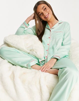 Loungeable satin long pajama set with contrast piping in mint green