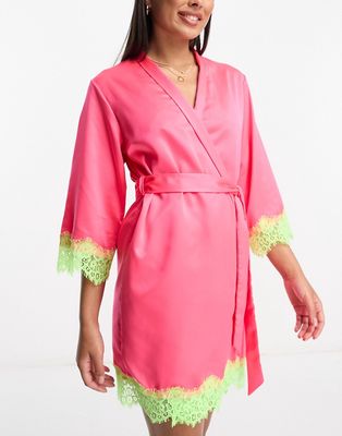 Loungeable satin robe in bright pink with neon lace