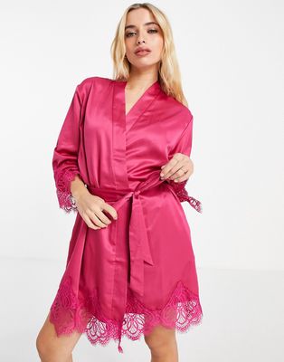 Loungeable satin robe with lace trim raspberry - part of a set-Red