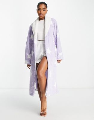 Loungeable soft fluffy waffle robe with star print in lilac-Purple