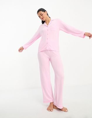Loungeable super soft jersey revere top and wide leg pajama set with piping detail-No color