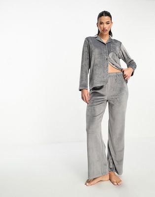 Loungeable super soft Velour revere pajama set in charcoal-Gray