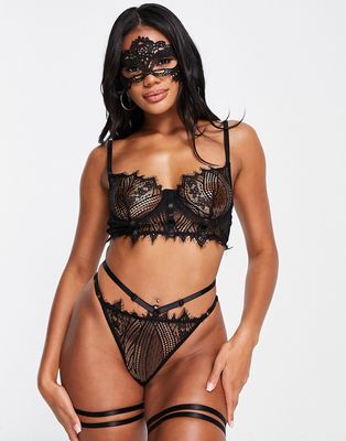 Love & Other Things halloween longline lace lingerie and eye mask set in black