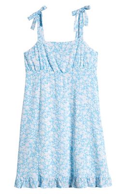 Love, Fire Kids' Tie Shoulder Ruffle Hem Dress in Blue Ditsy Floral 