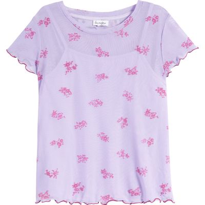 Love, Fire Mesh Overlay T-Shirt in Lavender Flocked Floral 