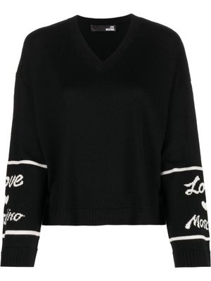 Love Moschino embroidered-sleeve V-neck jumper - Black