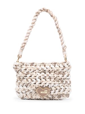 Love Moschino logo-plaque crochet shoulder bag - Neutrals