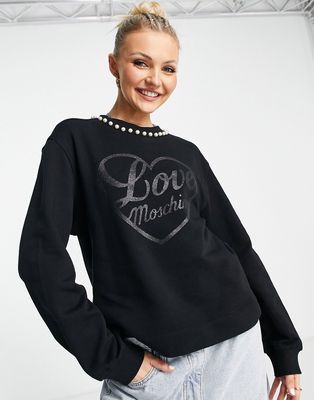Love Moschino pearl trim glitter logo sweatshirt in black