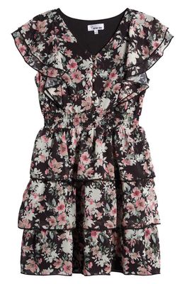 LOVE, NICKIE LEW Kids' Floral Tiered Dress in Black /Multi 