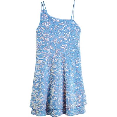 LOVE, NICKIE LEW Kids' Sequin Asymmetric Neck Party Dress in Perry 