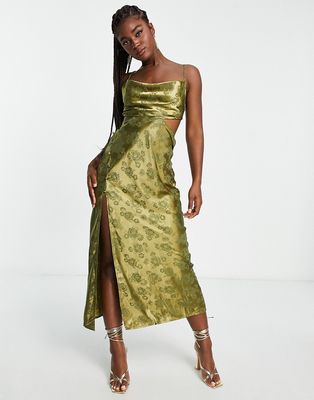 Love Triangle floral jacquard satin maxi dress in khaki-Green