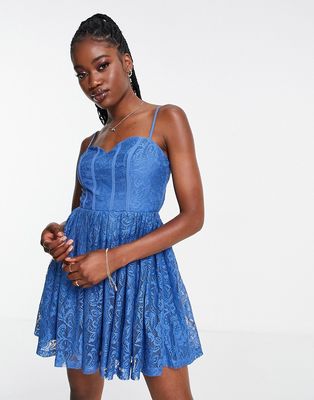 Love Triangle mini dress in bold blue lace