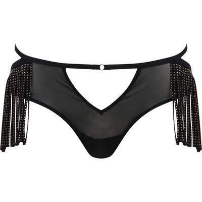 Love, Vera Fringe Rhinestone Cutout High Waist Mesh Panties in Black 